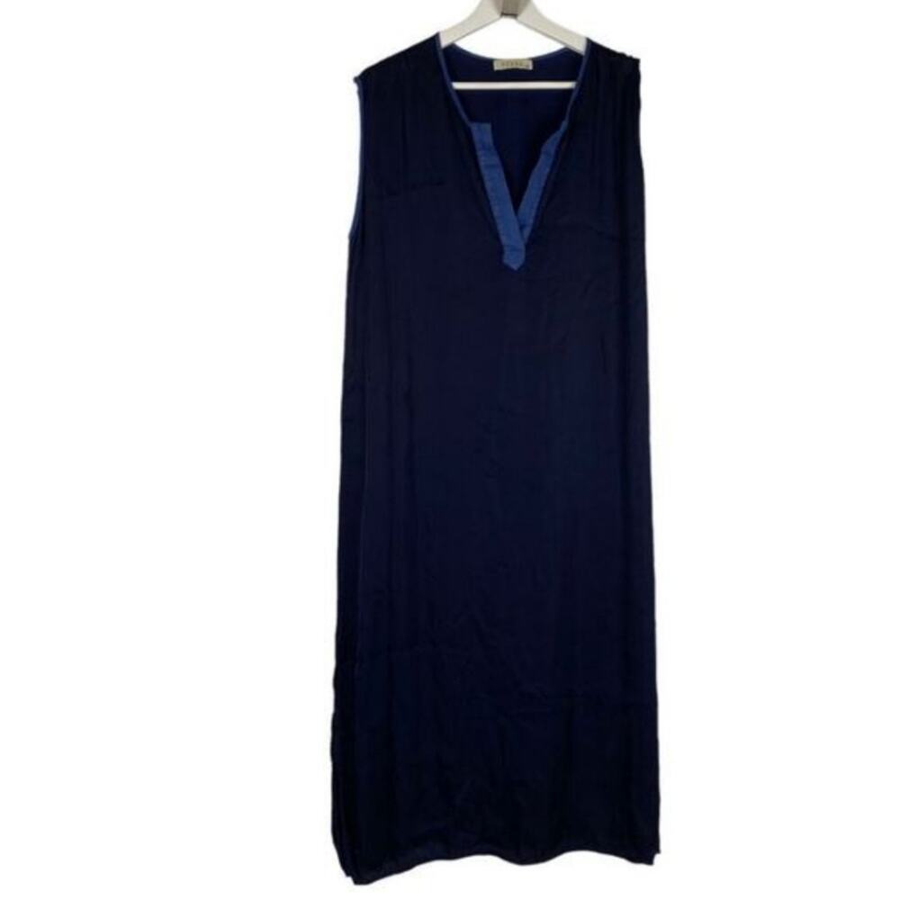 Stark X Dress Size S Sleeveless Split Neck Midi Navy Blue V Neck Slit Contrast